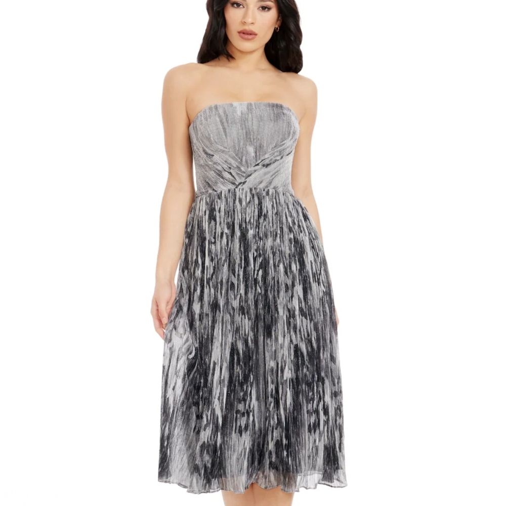 Dress the Population Strapless Silver Gray Pleated Midi Dress